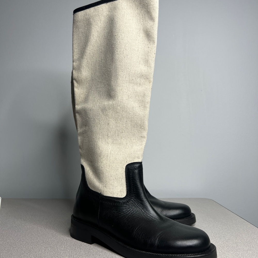 ZARA Combined Leather and Linen Knee High Boots Color block Size 7.5 / 38 RARE - Picture 8 of 14